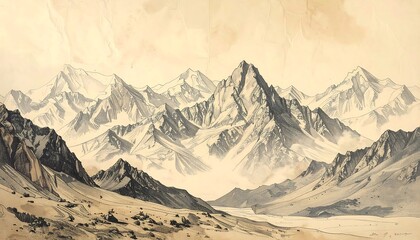 Stunning Vintage Mountain Landscape Painting Depicting Majestic Peaks and Snowy Scenes