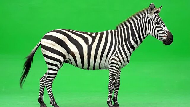 Grayscale Striped Zebra Standing Still Side Profile Against Vibrant Green Screen Background Full Body Shot Isolated Wild Animal
