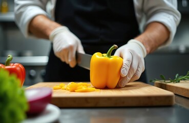 Chef in white uniform and black apron wears gloves slicing yellow bell pepper on wooden board. Other vegetables like red pepper and lettuce are nearby. Food preparation process in commercial kitchen.