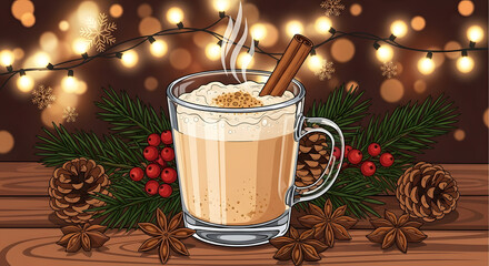 Cozy Christmas Eggnog with Cinnamon and Star Anise, Garnished with Pine Needles and Pinecones