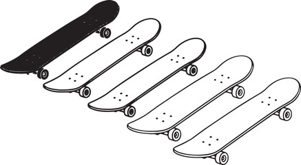 Fototapeta premium Skateboard evolution showing the progression of a skateboard from a solid black board to a modern skateboard with wheels and trucks