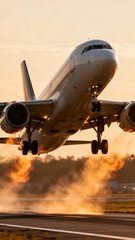 A commercial airplane lifts off the runway during sunset, with flames visible from the engines and a warm glow in the background.