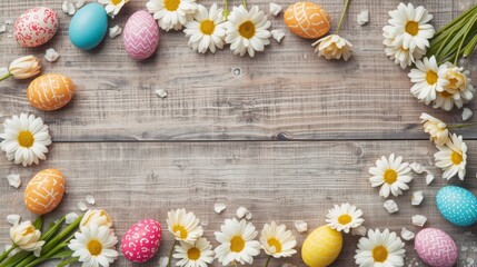 Easter eggs and daisies arranged in a circle on a rustic wooden background