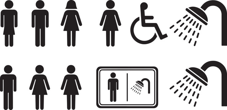 Restroom sign set featuring male, female, handicap, and shower symbols, providing clear guidance for facilities and accessibility