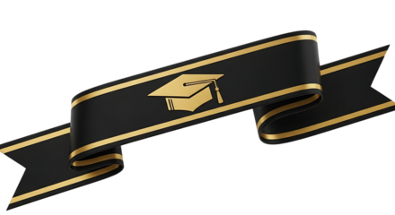 Golden graduation cap on black ribbon isolated on transparent background