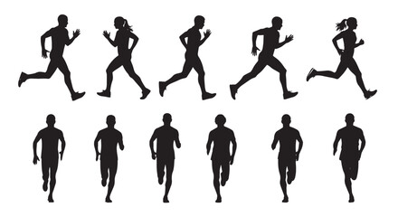 Silhouettes of runners in various poses showcase the dynamic movement and athleticism of running, perfect for sports and fitness themes