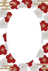 手刺繍の梅と雲の縦枠