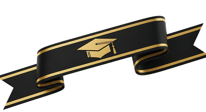 Golden graduation cap on black ribbon isolated on transparent background - Powered by Adobe