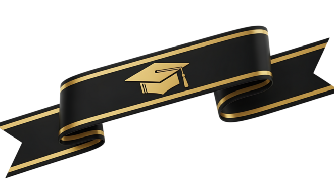 Golden graduation cap on black ribbon isolated on transparent background
