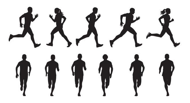 Silhouettes of runners in various poses showcase the dynamic movement and athleticism of running, perfect for sports and fitness themes
