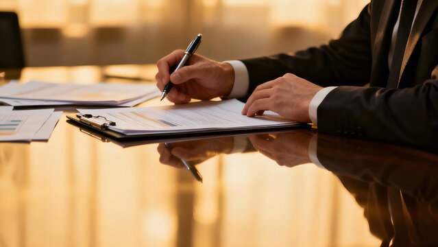 A business professional signs important documents on a polished table, with warm lighting enhancing the office atmosphere. Ideal for corporate presentations.