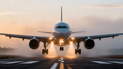 A commercial airplane is landing on a runway during sunrise, with mist rising from the ground and lights illuminating the aircraft.