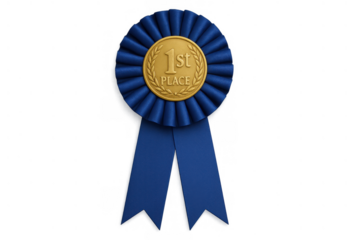 Blue first place rosette with gold medal signifying achievement, success, victory, winning, and competition on transparent background