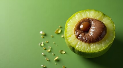 A halved green dumpling is resting on a green backdrop with scattered droplets of oil sheen.
