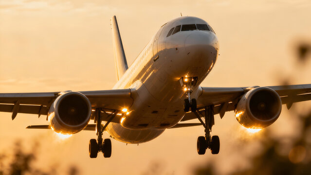 A commercial airplane approaches landing during a beautiful sunset, showcasing its landing gear and engines illuminated by the golden light.