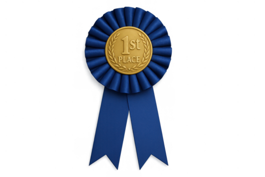 Blue first place rosette with gold medal signifying achievement, success, victory, winning, and competition on transparent background - Powered by Adobe