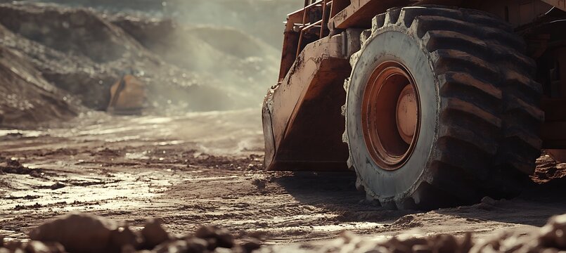 Close up of a tractor wheel on a dirt road in a rural area with hills in the background