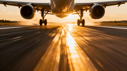 An airplane is seen taking off on a runway during sunset, with golden light reflecting off the...