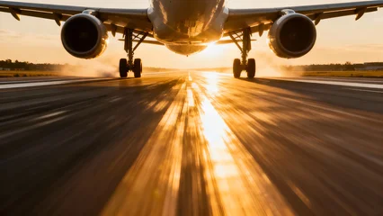 Sierkussen Vliegtuig An airplane is seen taking off on a runway during sunset, with golden light reflecting off the pavement and the aircraft.  © Video80X