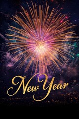 Vibrant new year fireworks display illuminating the night sky with golden text