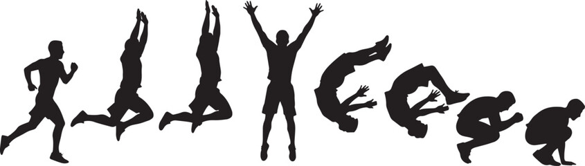 Silhouette of a man performing a backflip the figure is shown in various stages of the acrobatic movement, from the initial jump to the landing