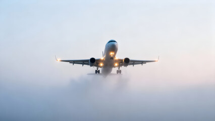 Fototapeta premium A commercial airplane approaches through thick fog, illuminated by its landing lights. The atmosphere is misty, creating a dramatic scene.