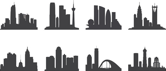 Obraz premium City Skyline Silhouette Collection Urban Architecture Vector Design Buildings and Skyscrapers Set