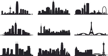 Obraz premium City Skyline Silhouette Collection Urban Landscape View Black and White Vector Set