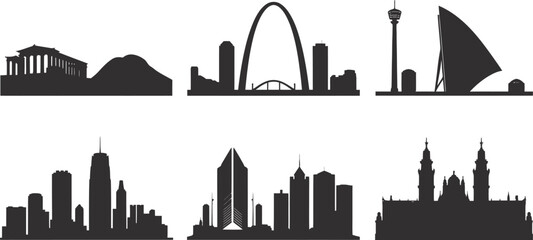 Naklejka premium Cityscape Silhouette Collection of Global Skyline Landmarks and Architecture Vector