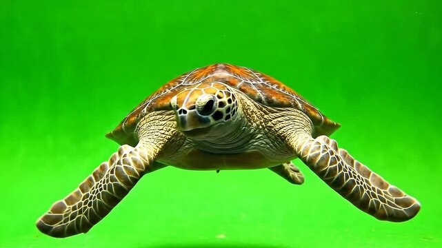 Green Sea Turtle Swimming Gracefully Isolated on Vivid Green Screen Background Underwater Marine Life