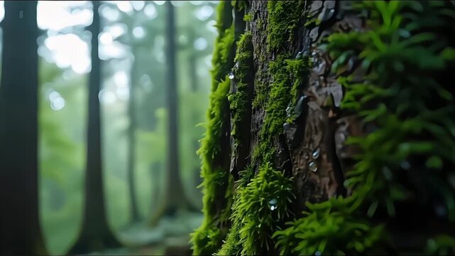 Macro View Camera Ascending Along Mossy Tree Trunk in Rainy Green Forest