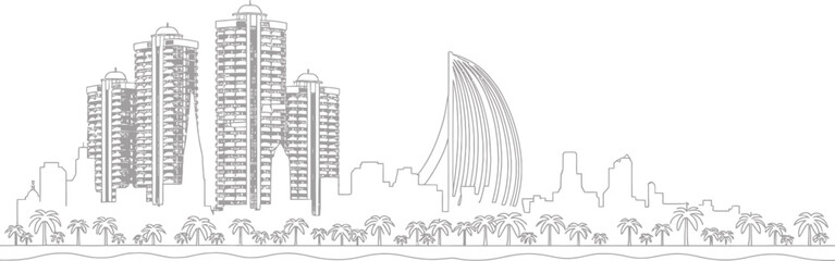 Fototapeta premium Linear Drawing of Dubai Skyline Showing Buildings Palm Trees and Urban Landscape