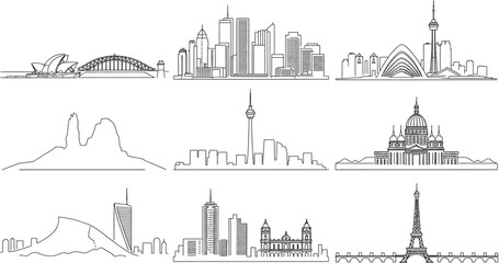 Naklejka premium Minimalist City Skyline Outline Drawing Set Urban Landscape Vector Artwork Illustration