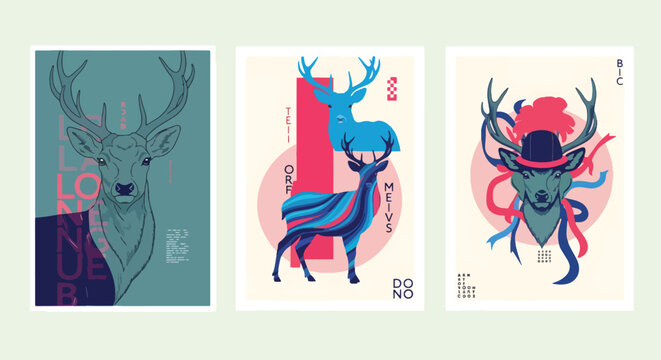 Three artistic deer illustrations on posters with abstract designs, showcasing a blend of modern art and wildlife themes, creating a visually captivating collection
