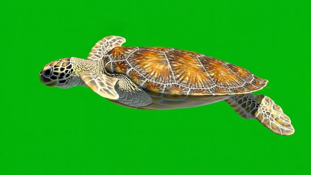 Green Sea Turtle Swimming Gracefully Over Bright Green Background
