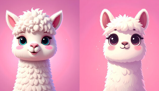 set cartoon illustration of portrait cute ilama on pink background