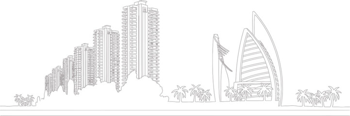 Naklejka premium Outline of Dubai Skyscrapers Towers and Palm Trees in Vector Format Illustration