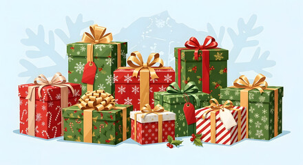 Festive Christmas Gift Boxes Wrapped with Ribbons and Tags, Ready for Giving