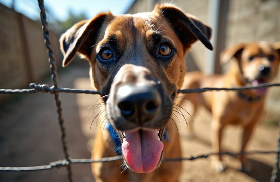 Brown dog behind wire fence looks hopefully at camera. Another dog stands blurred in background at sunny animal shelter. Hopeful pet waits for forever family adoption.