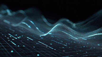 Dynamic abstract waves with glowing lines represent the flow of data and digital transformation in technology.