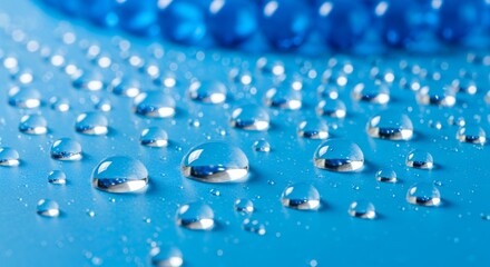 Close-up of water droplets on a smooth blue surface with a soft, blurred background, concept for purity promotion, cosmetic product visuals and freshness illustration