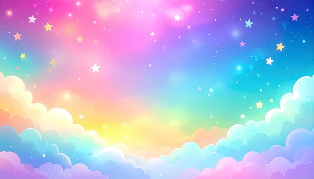 Abstract colorful background with gradient sky, stars and clouds. cute kawaii background