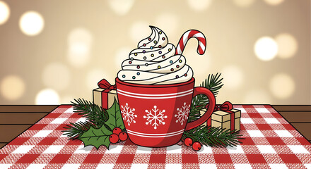 Festive Hot Chocolate Mug with Whipped Cream and Candy Cane