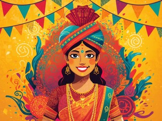 Joyful indian woman celebrating holi festival with vibrant colors and decorations