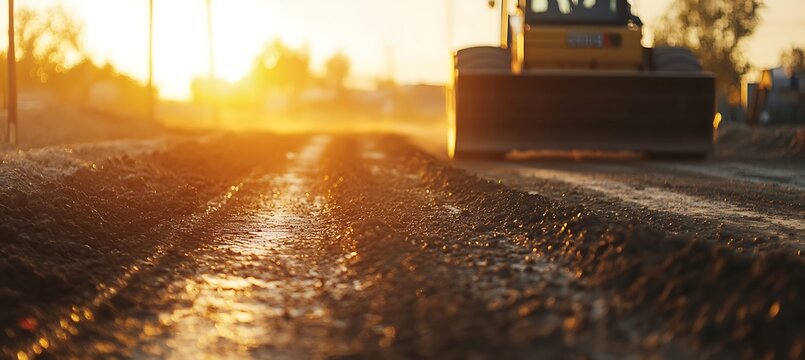 A bulldozer working on a construction site at sunrise, leveling the ground and preparing for building