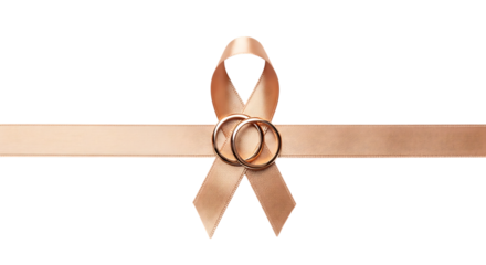 Rose gold ribbon with wedding rings isolated on transparent background