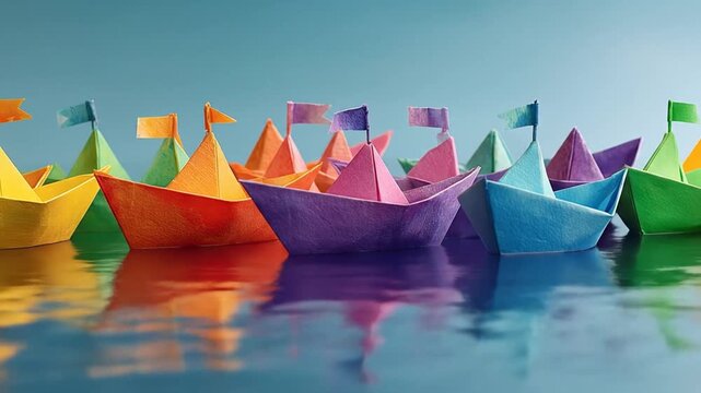 A fleet of vibrant, colorful paper boats floats on tranquil, reflective water