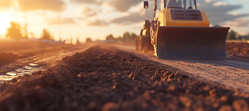 Bulldozer levels the ground at sunset, preparing the land for construction with warm sunlight shining through