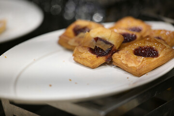 Delicious pastry assortment on buffet table ready