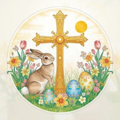 Easter bunny and cross surrounded by spring flowers and eggs